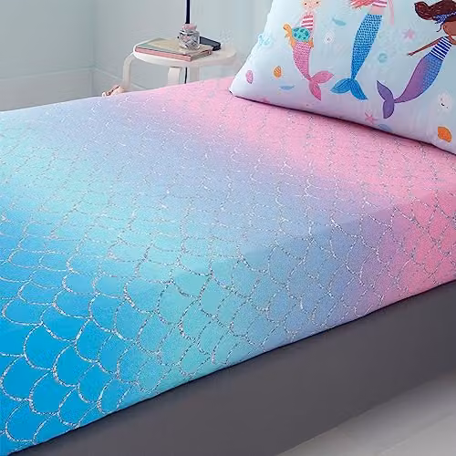 Catherine Lansfield Kids Mermaid Pink and Multicolour Cotton Fitted Sheet W/D/H: 90 x 190 cm