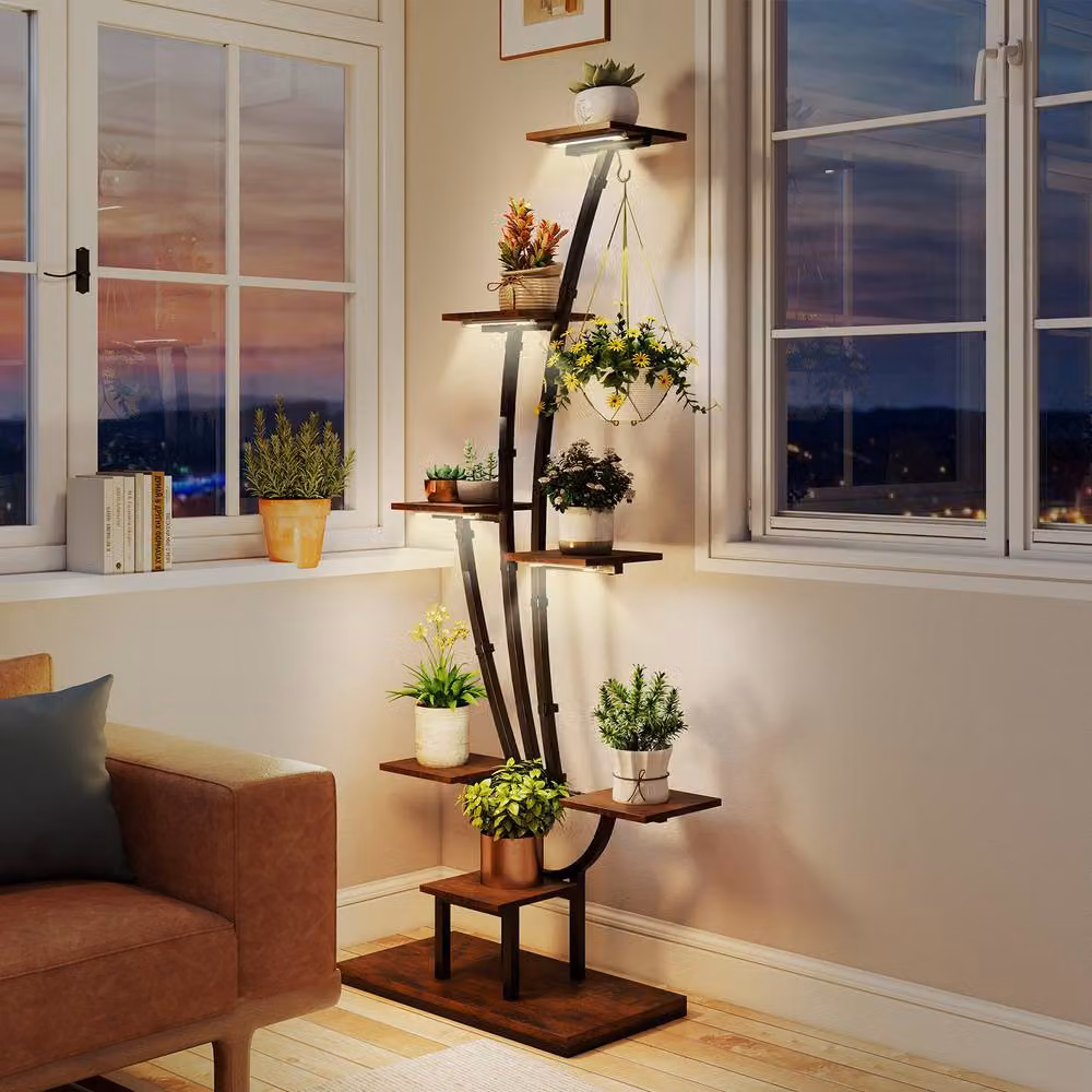 Gymax Modern Corner Metal Indoor Plant Stand with Integrated Grow Lights in Brown, Height: 155 cm – 5