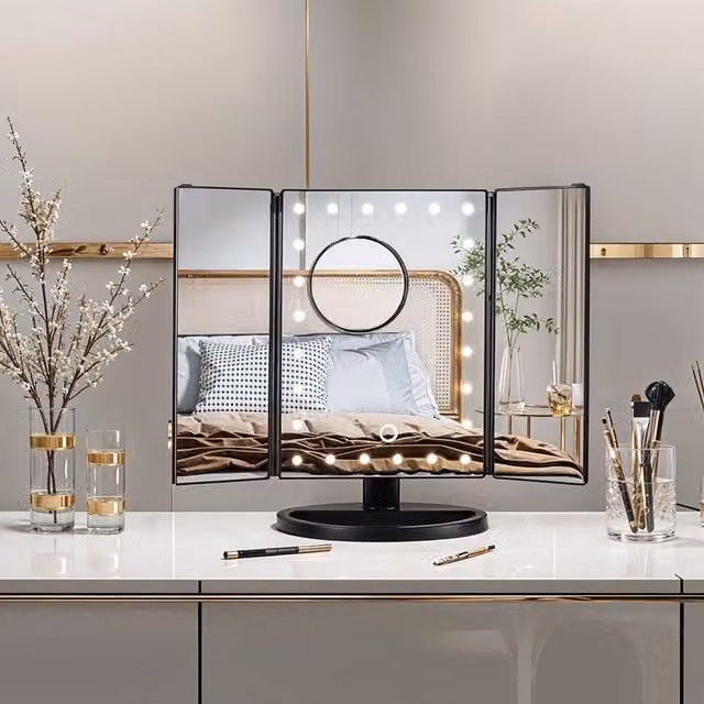 Komore Rechargeable Tri-Fold LED Makeup Mirror in Black