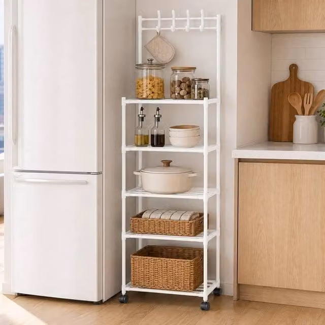 EONLION White 5 Tier Metal Shelving Unit with Wheels for Kitchen or Bathroom, Width: 50 cm