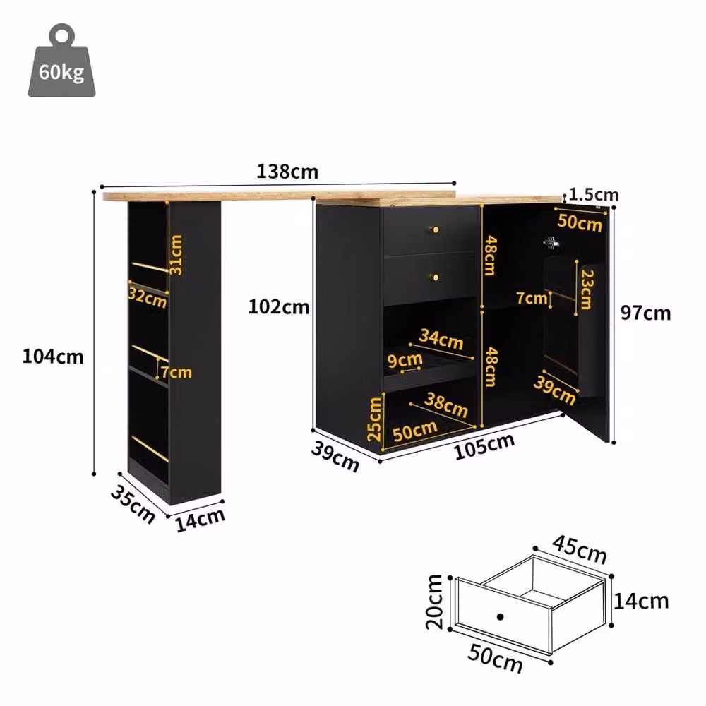 VOGREX Swivel Bar Dining Table with Storage Cabinet in Black and Gold – 5