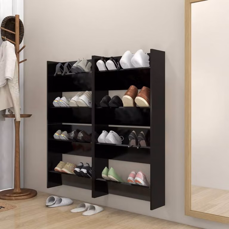 Berkfield Home Set of 4 Wall Mounted Shoe Cabinets in Black, W/D/H: 60 x 18 x 60 cm