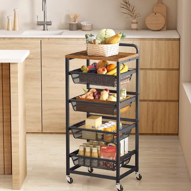 VASAGLE 5-Tier Kitchen Storage Cart with Pull-Out Baskets, Rolling Trolley, Brown
