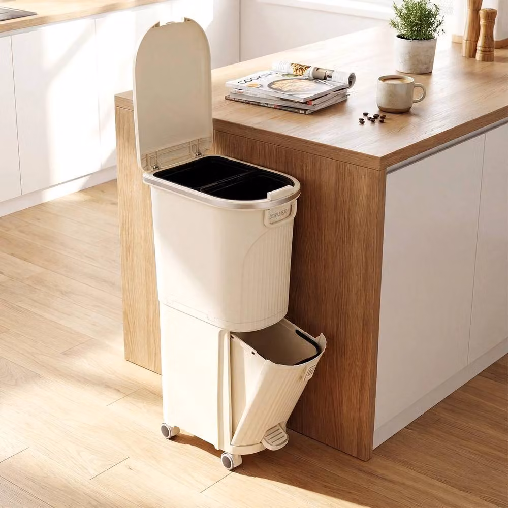 VOGREX Slim Pedal Waste Bin with 2 Removable Inner Buckets in Beige – 2
