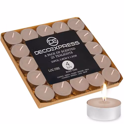 Deco Express Log Fire Scented Tealight Candles, Beige, 25 Pack