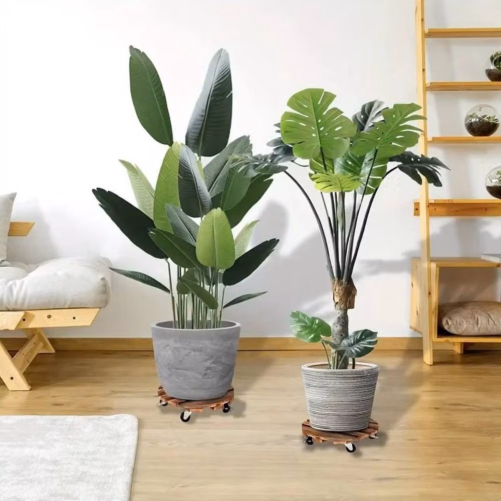 KORVIXA 2-Piece Brown Wooden Rolling Plant Stand for Indoor and Garden Use – 4