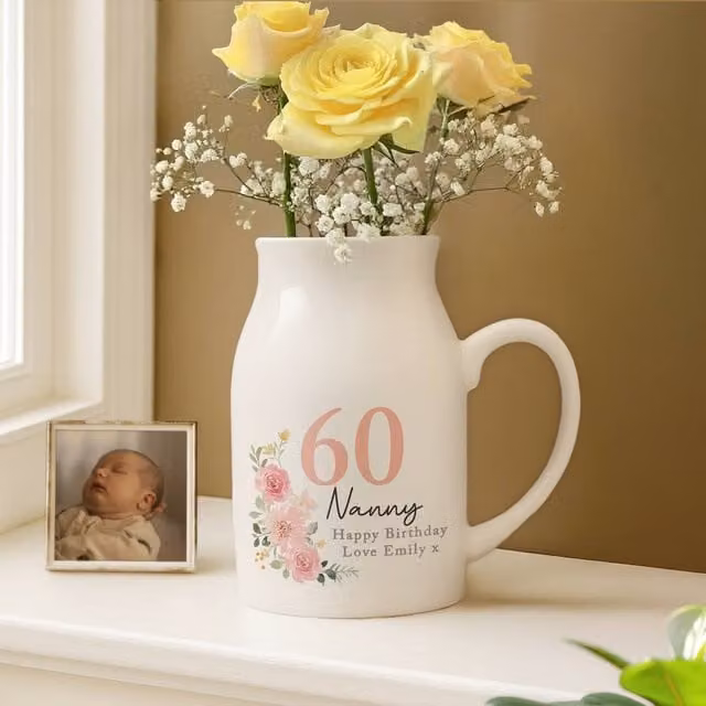 Personalised Memento Company Women's Personalised Floral Birthday Ceramic Jug Vase in White