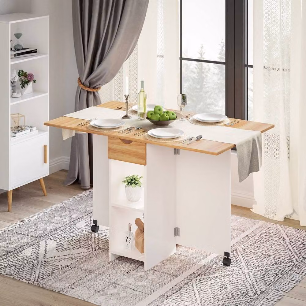 KORVIXA White and Oak Folding Dining Table with Drop Leaf and Castors, W/D/H: 100 x 100 x 75 cm – 2