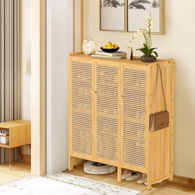 KORVIXA Bamboo Shoe Storage Cabinet in Brown with Hinged Doors and Internal Shelves, H: 107.0 cm x W: 90.5 cm x D: 3.0 cm