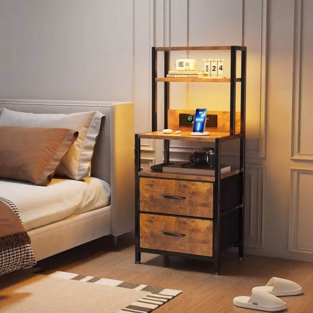 FORGEVIO Bedside Table with Charging Station, Brown, W/D/H: 41 x 30 x 100 cm – 1