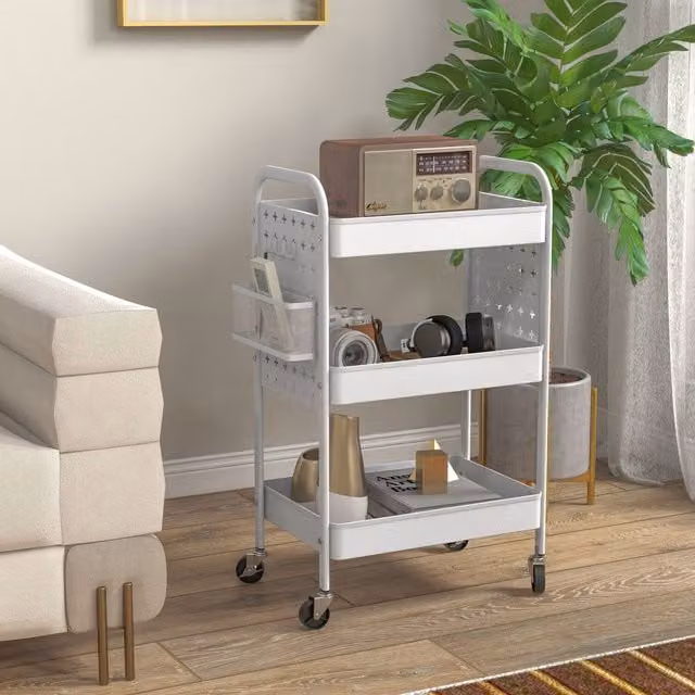 HOMCOM 3 Tier Metal Storage Trolley on Wheels in White