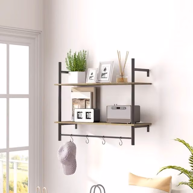 HOMCOM Rustic Wall Mounted Shelving Unit with 4 Hooks in Grey