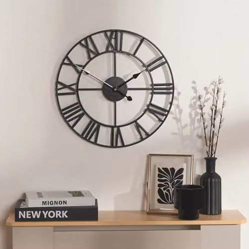 OHS Large Black Metal Vintage Skeleton Wall Clock with Roman Numerals, Diameter: 40 cm – 1