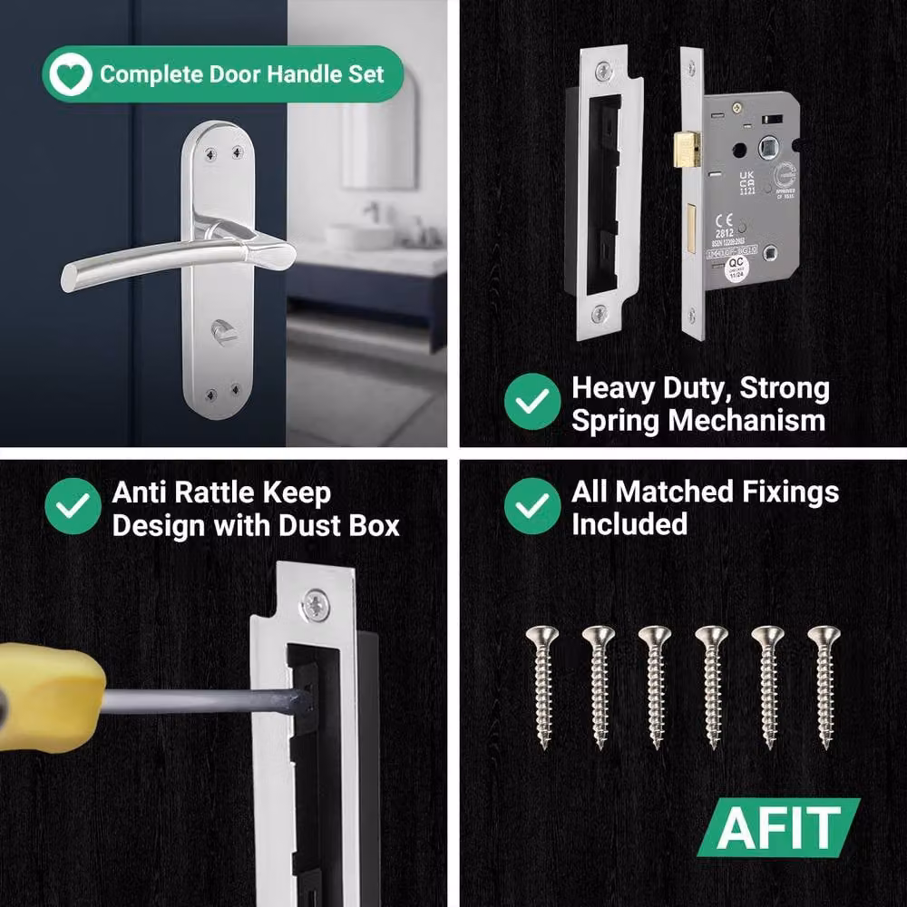 AFIT Boston Chrome Satin Nickel Bathroom Handle with WC Lock and Backplate, Silver, W/D/H: 15.0 x 15.0 x 1.5 cm – 3