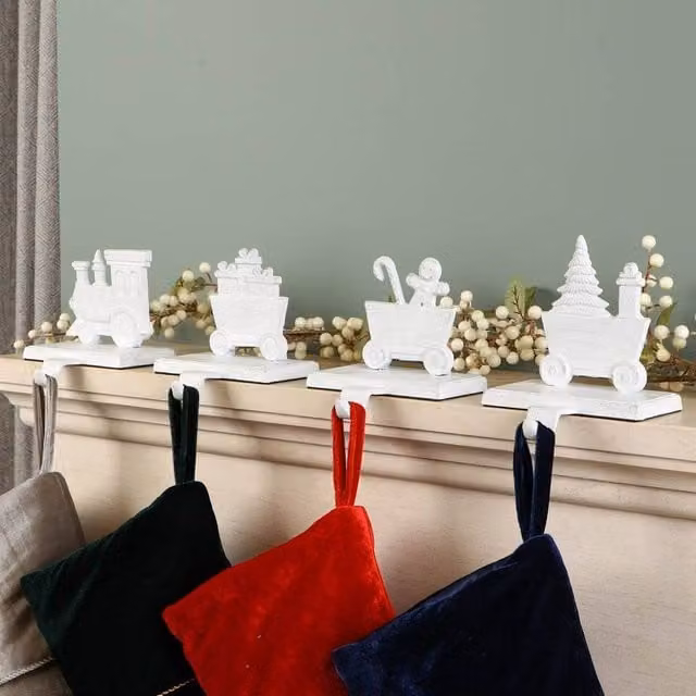 Dibor White Vintage Train and Animals Decorative Christmas Stocking Holder Set, 4 Pack