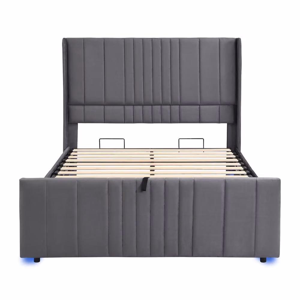 Merax Double Velvet Ottoman Storage Bed with LED Lighting, Grey, W/D/H: 140 x 200 x 121 cm – 4