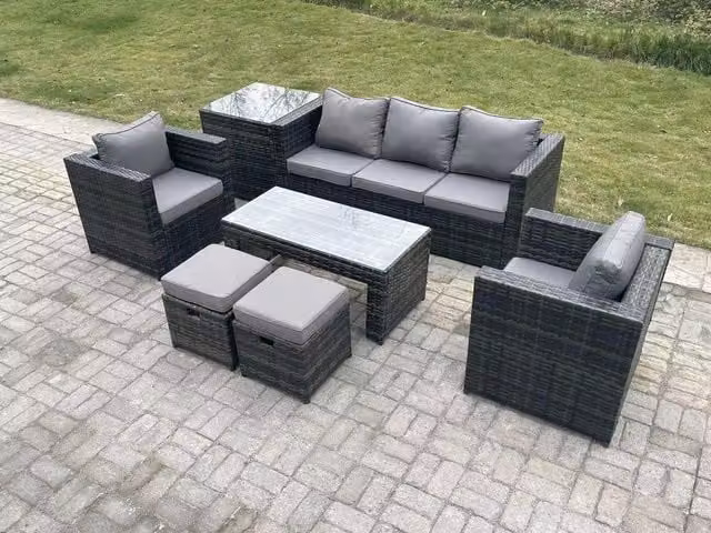 Fimous Lounge Rattan Sofa Set with Oblong Rectangular Coffee Table in Dark Grey