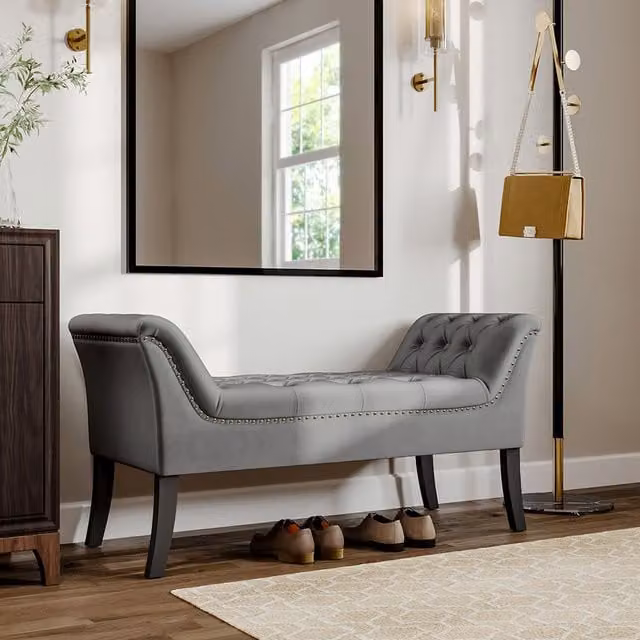 Livingandhome Modern Velvet Buttoned Bench with Armrests in Grey and Black