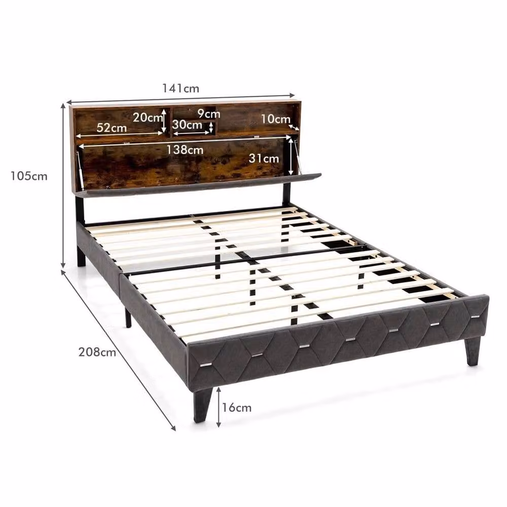 NESTLUNE Grey Velvet Upholstered Double Bed Frame with Lift Up Base – 2