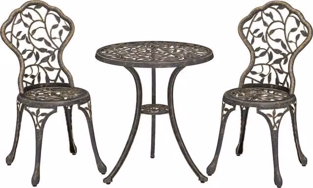 Outsunny 3 Piece Brown Powder Coated Aluminium Bistro Set with Round Dining Table and Chairs for Garden and Terrace