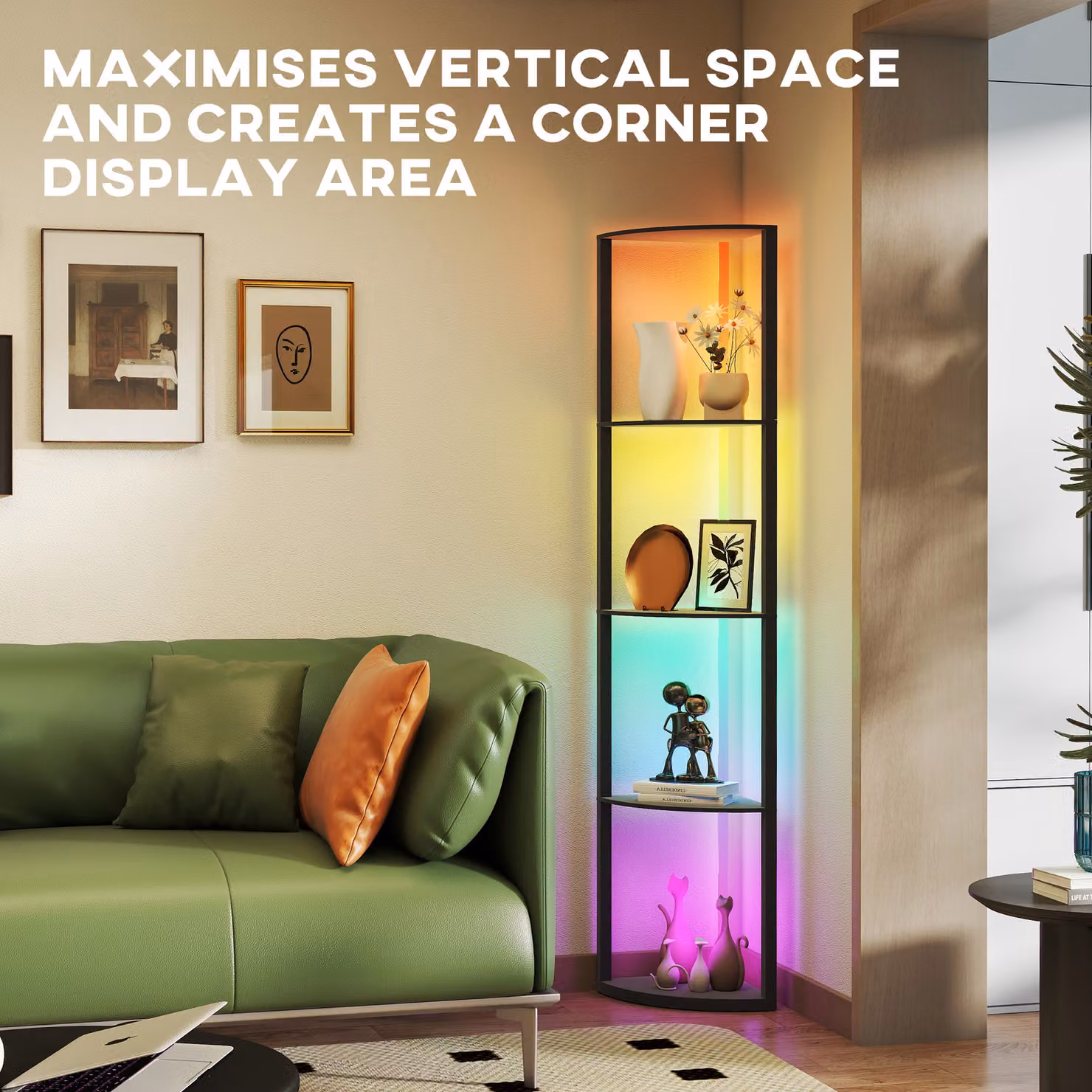 HOMCOM RGB LED Floor Lamp with 4-Tier Shelves and Remote Control, Black, H 163 x W 42 x D 29.5 cm – 4