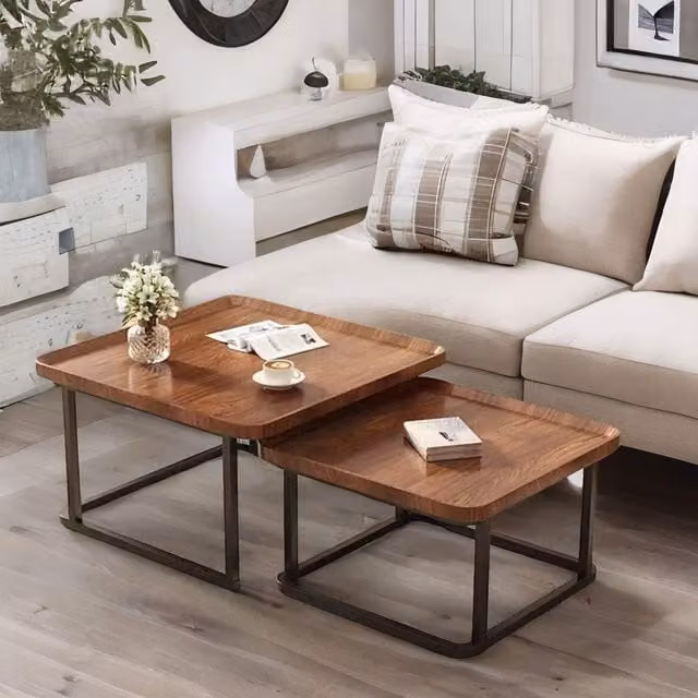 FURNOS 2-Piece Industrial Square Nesting Tables in Brown and Black