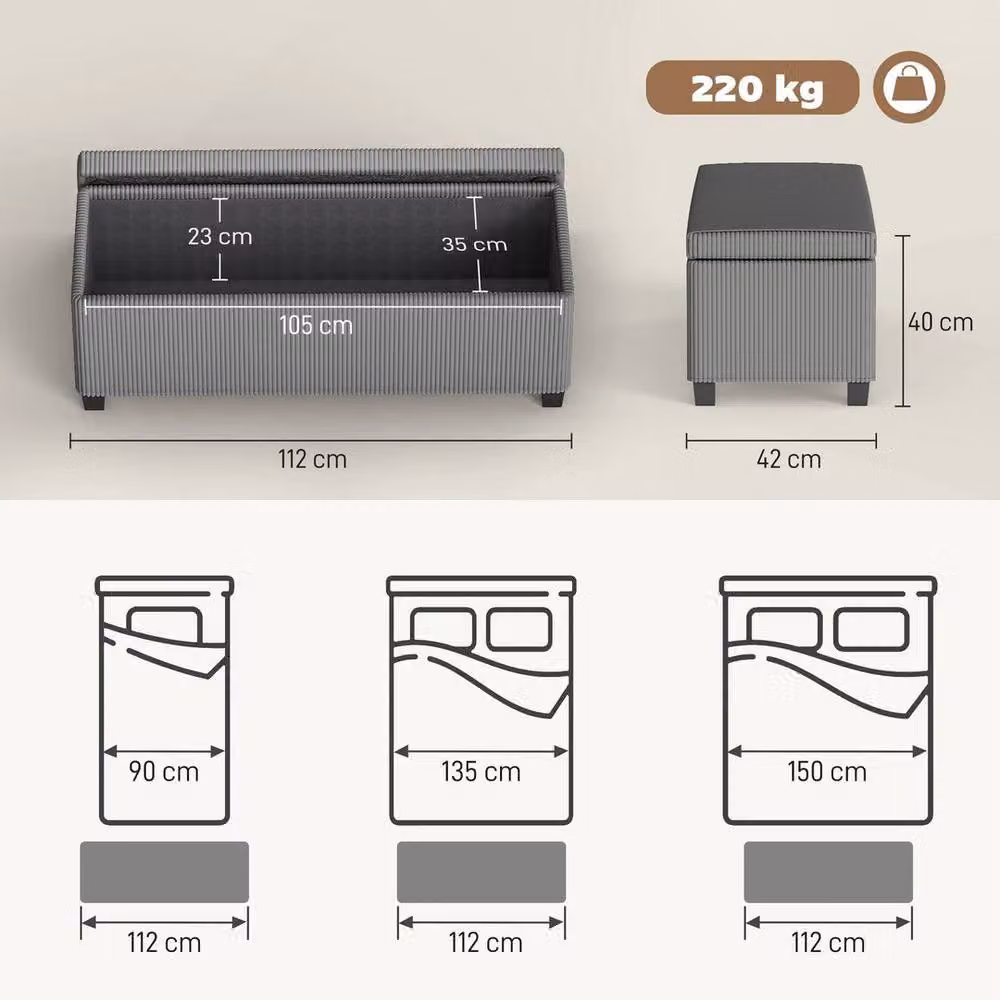 NESTLUNE Grey Upholstered Storage Ottoman Bench with Lid, W: 100 cm, D: 15 cm, H: 15 cm – 2