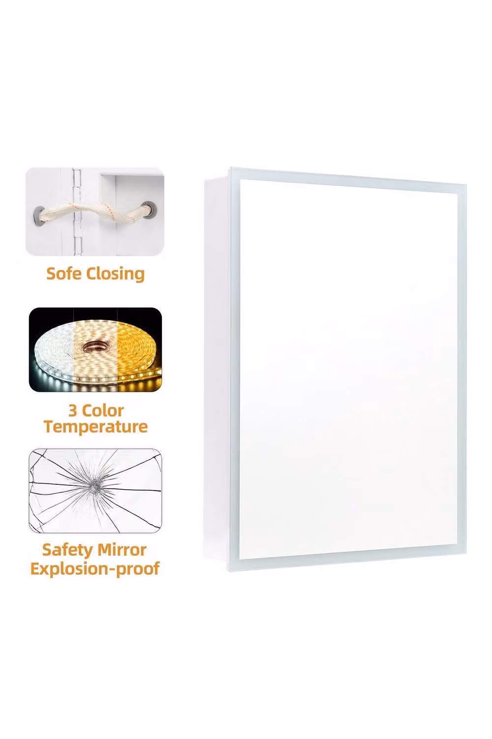 Living and Home Rectangular Wall Mount Mirror Cabinet with LED Lighting and Glass Doors in White – 3