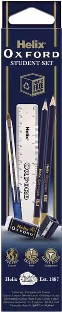 Helix Oxford Student Stationery Set in Blue with Ruler, Eraser, Pencil Sharpener, Pencils and Ballpoint Pen