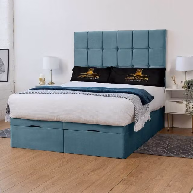 UK Bed Furniture Florence Divan Ottoman Storage Bed with End Lift and Headboard in Blue, W/D/H: 120 x 200 x 137.16 cm