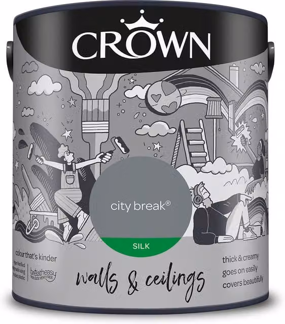 Crown Walls and Ceilings Silk Emulsion City Break Grey 2.5l