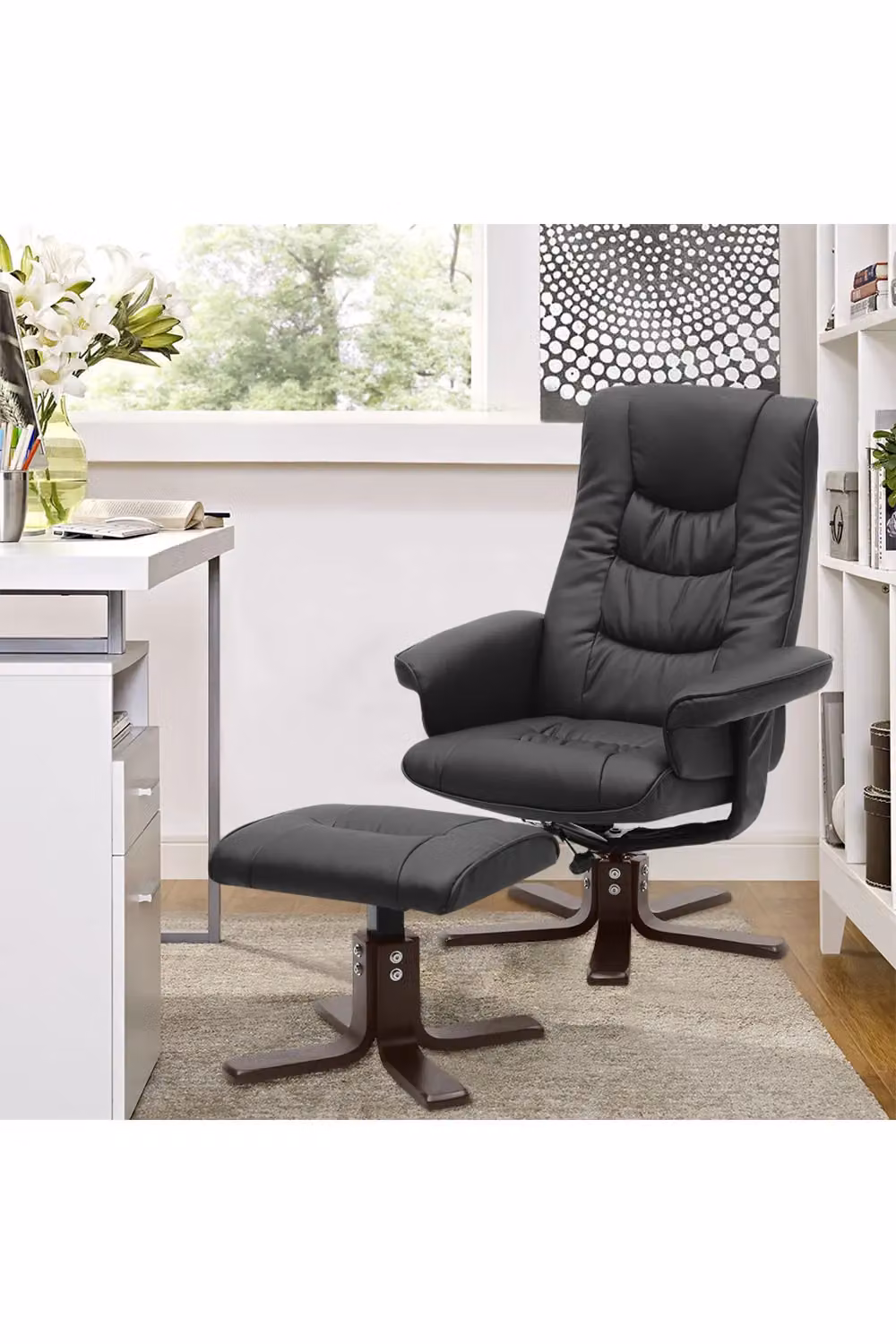 Living and Home Black PU Leather Adjustable Swivel Recliner with Footstool – 2