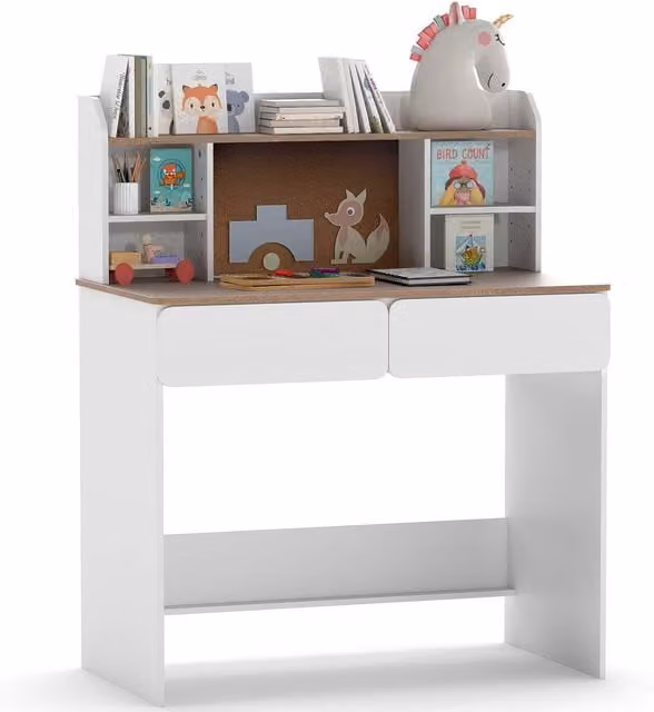Costway White Student Writing Desk with Cork Bulletin Board for Home Office or Children's Room – 1
