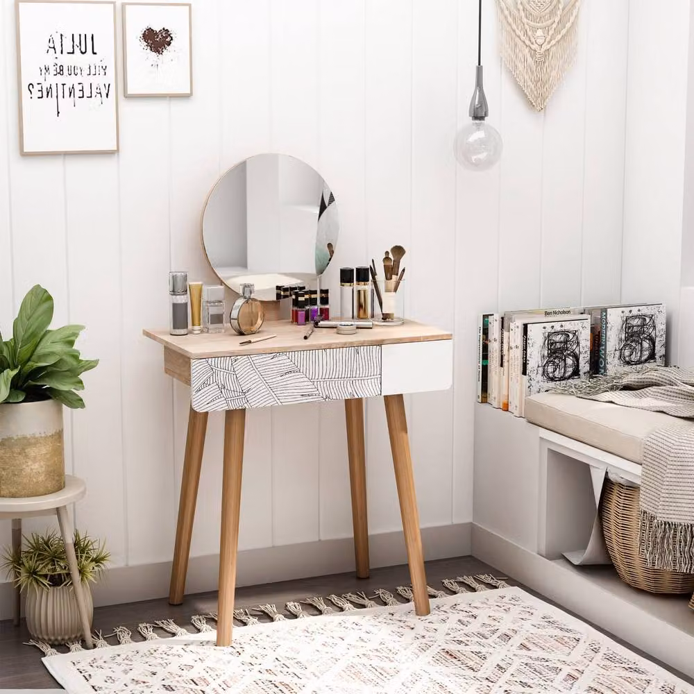 Wyld Haus Zino Oak Colour Dressing Table with Adjustable Round Mirror and Drawer – 3