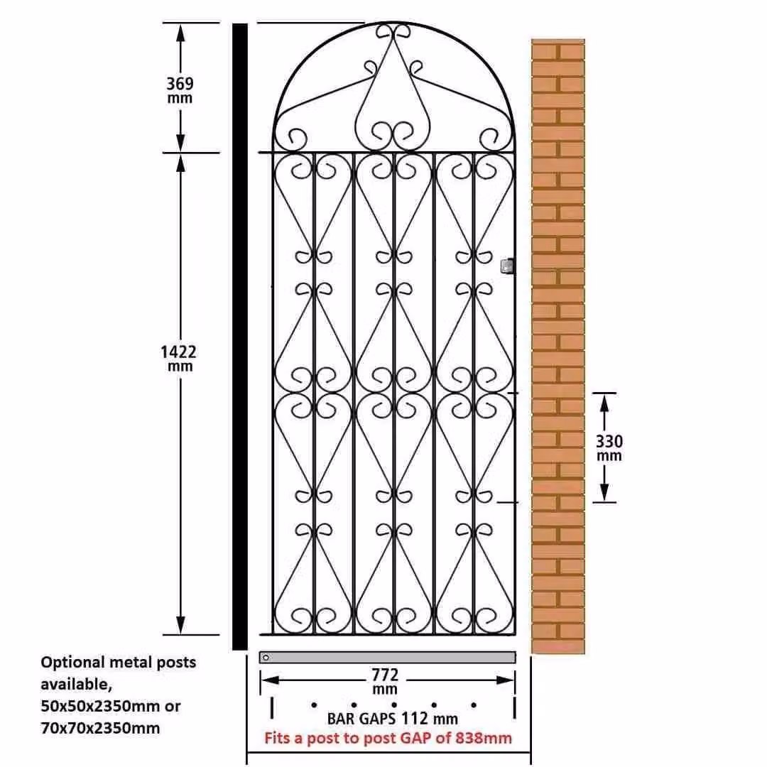 Burbage Iron Craft Regent Scroll Tall Bow Top Single Gate in Black, Fits Gap of W: 86.3 cm, H: 179.1 cm – 2