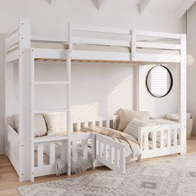 Merax White Solid Wood Single Bunk Bed with Safety Gate and Lower Play Space