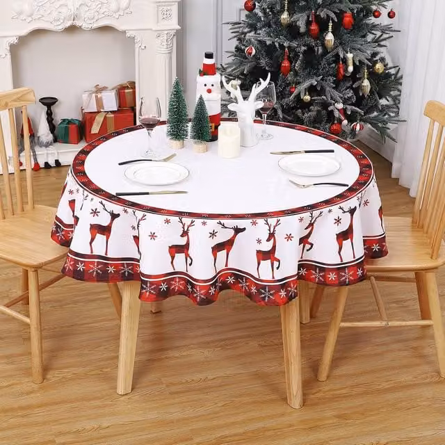 London Boutique Round Water-Resistant Polyester Christmas Tablecloth with Deer Design in White, Diameter: 152.4 cm – 1