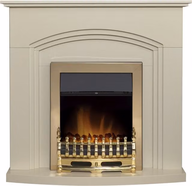 Adam Fires & Fireplaces Truro Fireplace in Cream and Beige with Blenheim Electric Fire in Brass and Copper – 1