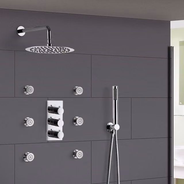 Nes Home Flora 3 Dial 3 Way Round Shower Set in Silver with Slim Overhead Shower, Handset and Body Jets