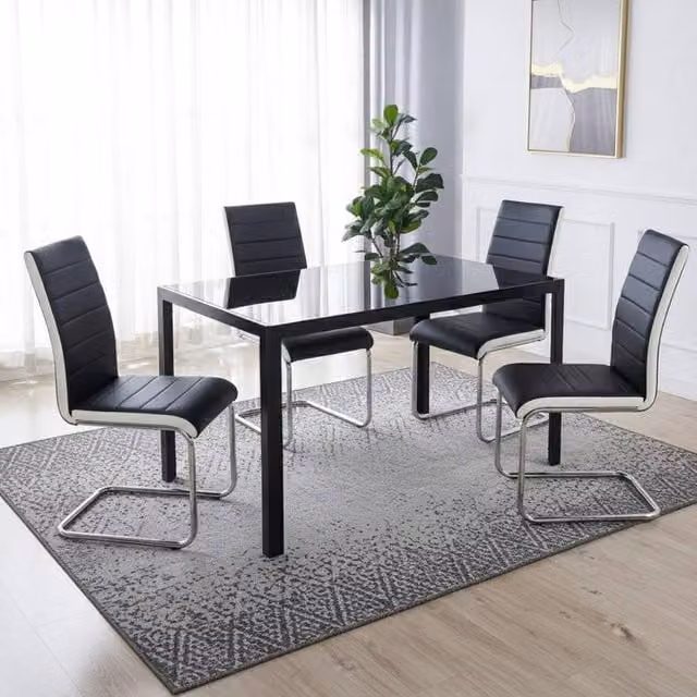 KOSY KOALA Black Glass Dining Table Set with 4 Black and White Striped Faux Leather Chairs, W/D/H: 120 x 70 x 75 cm