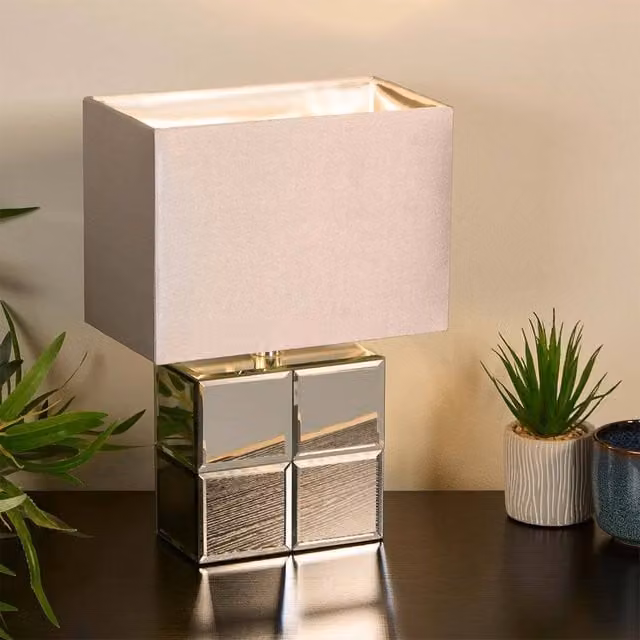 Lighting Collection Mirror Cube Table Lamp in Silver and Chrome