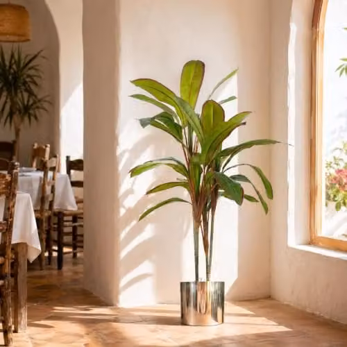 Leaf Design UK 100cm Artificial Potted Dracaena Tropical Palm Plant in Green with Silver Metal Planter – 2