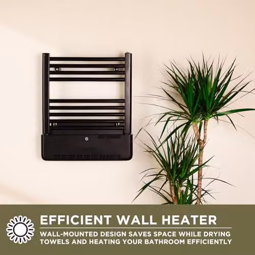 TCP 2-in-1 Towel Warmer and Room Heater, 500W Heated Rail with 1kW Blower, Wall-Mounted Electric Bathroom Radiator, Black – 2