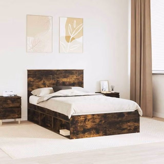 Berkfield Home Bed Frame with Drawer in Smoked Oak Brown, Solid Pine and MDF Wood, W: 135 cm, L: 190 cm – 1