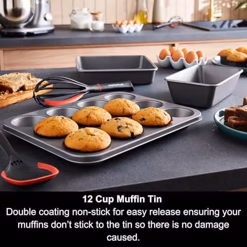 Morphy Richards Non-Stick Carbon Steel Bakeware Set in Grey, including 12 Cup Muffin Tin, Square Cake Tin and Loaf Tin – 6