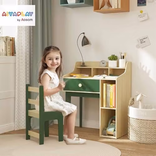 AIYAPLAY Kids Desk and Chair Set with Storage Shelves and Drawer, Green – 2