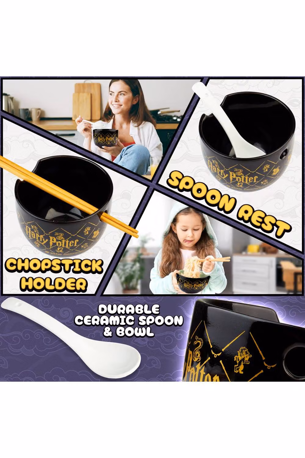 Get Trend Harry Potter Ramen Bowl Set, 600ml Black Ceramic Bowl with Spoon and Bamboo Chopsticks – 4
