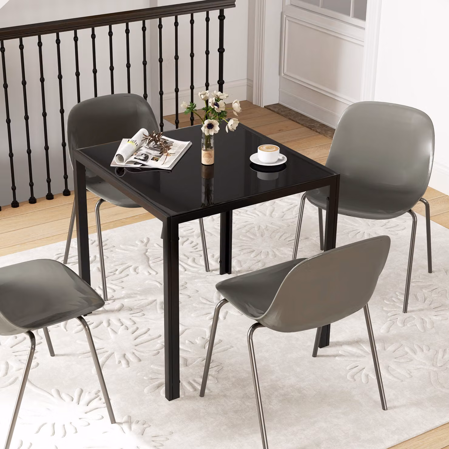 HOMCOM Modern Square Dining Table with Glossy Black Glass Top and Metal Legs, W/D/H: 80 x 80 x 75 cm – 6