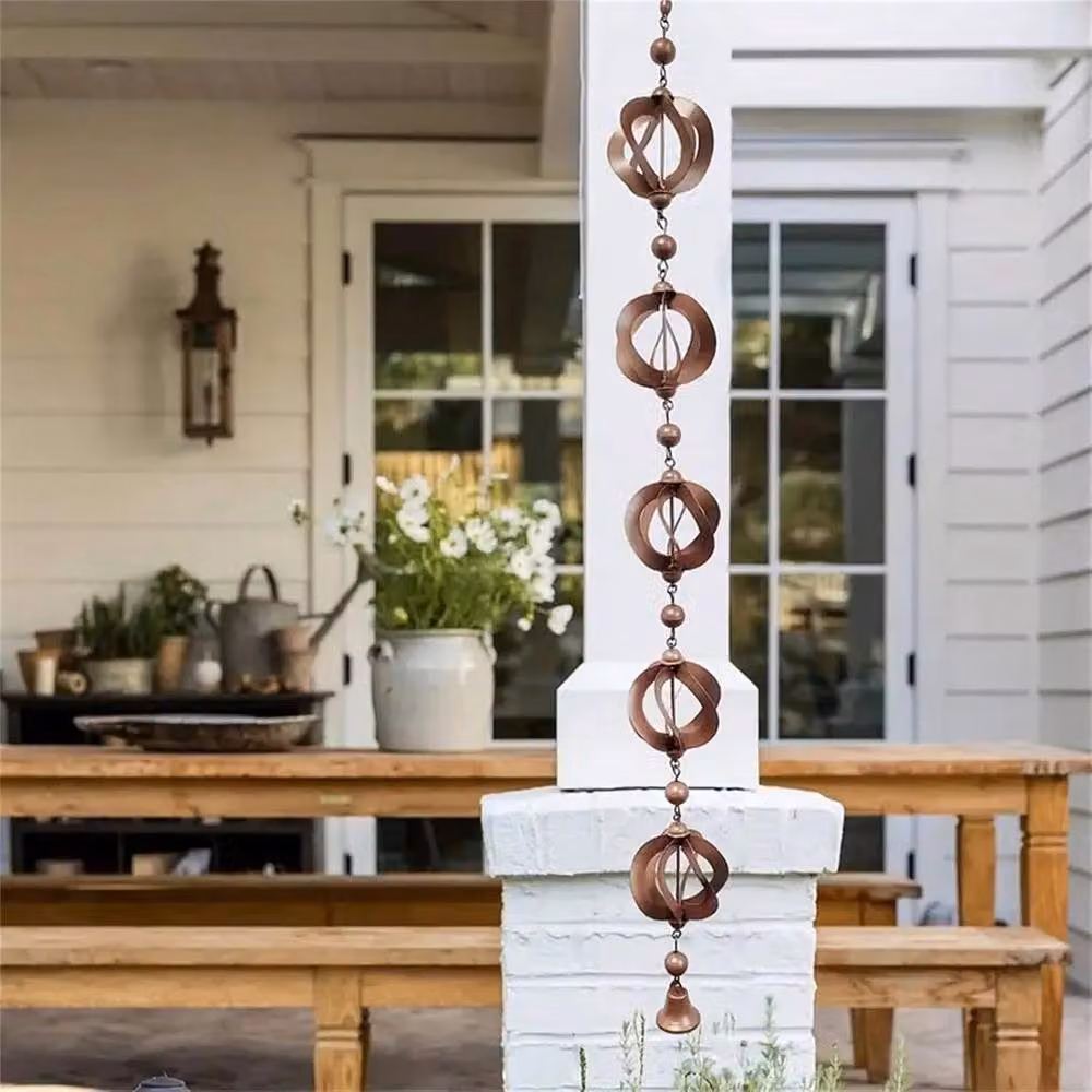 Havendro Retro Brown Metal Garden Gutter Rain Chain with Bell Wind Chimes, Height: 100 cm – 2