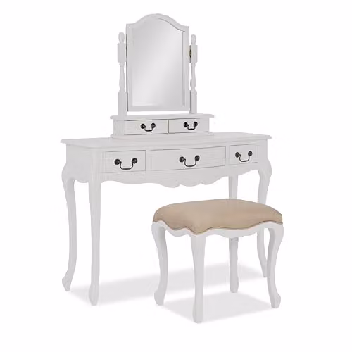 Juliette Dressing Table Set in White with Metal Swan Handles, including Dressing Table, Trinket Mirror and Upholstered Stool – 2